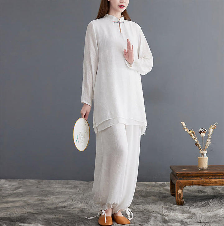 Buddha Stones 2-teiliges, einfarbiges Damen-Langarmshirt- und Hosen-Meditationskleidungsset