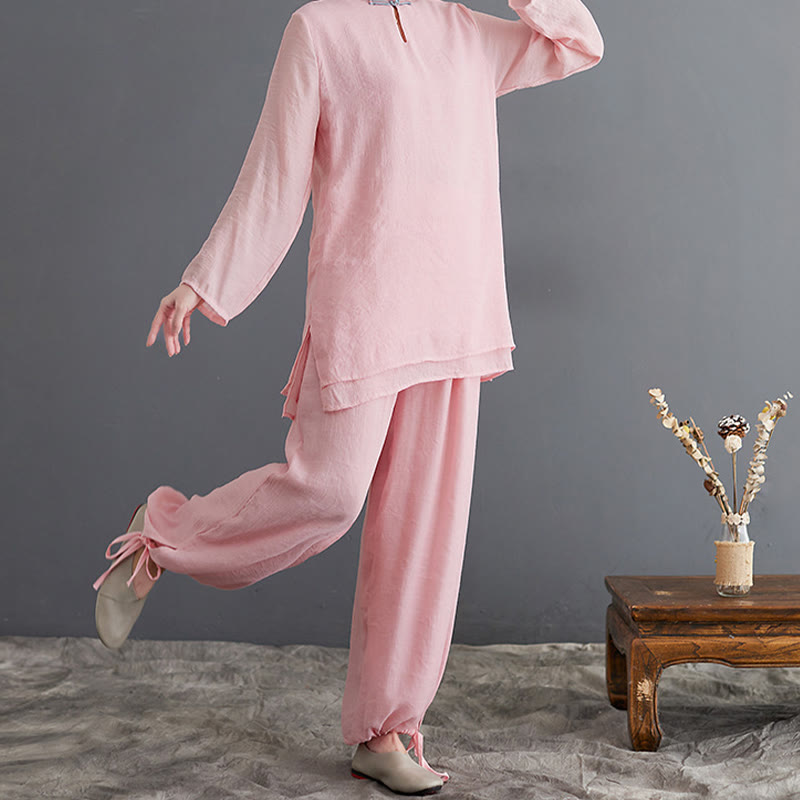 Buddha Stones 2-teiliges, einfarbiges Damen-Langarmshirt- und Hosen-Meditationskleidungsset - image 4