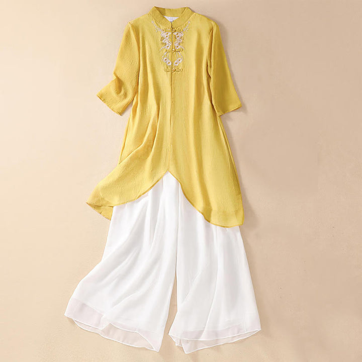 Buddha Stones Damen Hemdkleid mit Blumenstickerei und Froschknöpfen, weite Hose - image 0