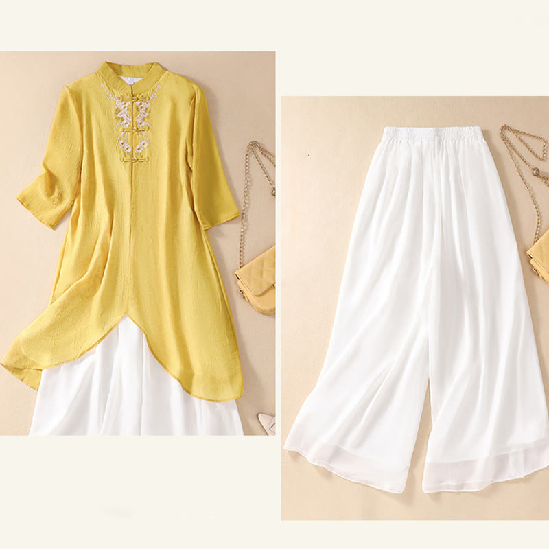 Buddha Stones Damen Hemdkleid mit Blumenstickerei und Froschknöpfen, weite Hose - image 14