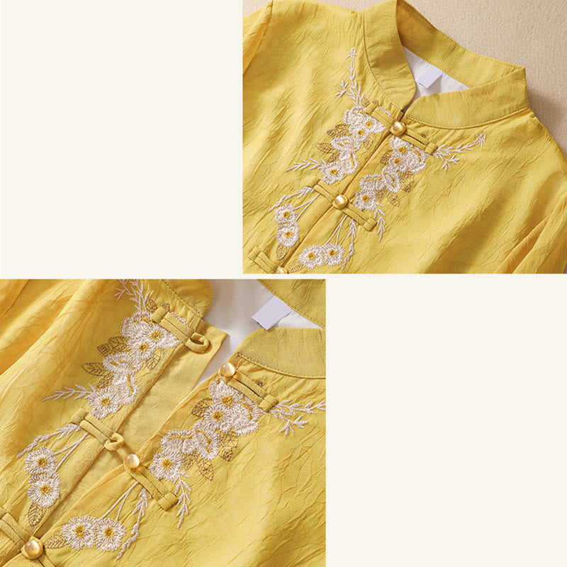 Buddha Stones Damen Hemdkleid mit Blumenstickerei und Froschknöpfen, weite Hose - image 13