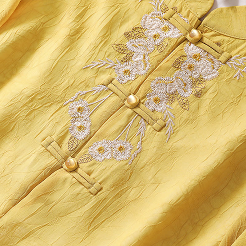 Buddha Stones Damen Hemdkleid mit Blumenstickerei und Froschknöpfen, weite Hose - image 6