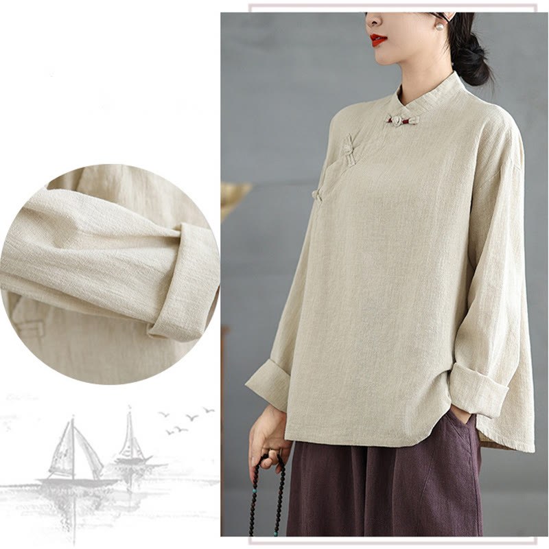 Buddha Stones Einfarbiges Langarm-Damenhemd mit Froschknöpfen - image 8