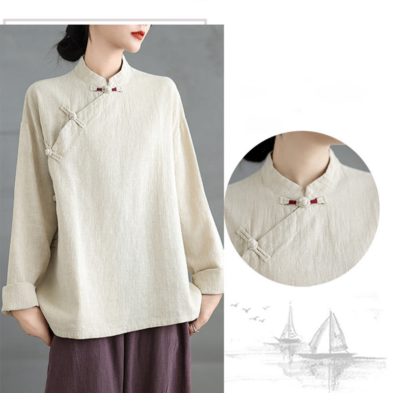 Buddha Stones Einfarbiges Langarm-Damenhemd mit Froschknöpfen - image 6