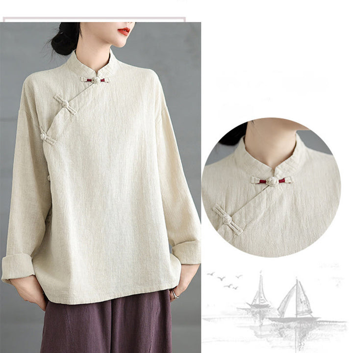 Buddha Stones Einfarbiges Langarm-Damenhemd mit Froschknöpfen - image 6