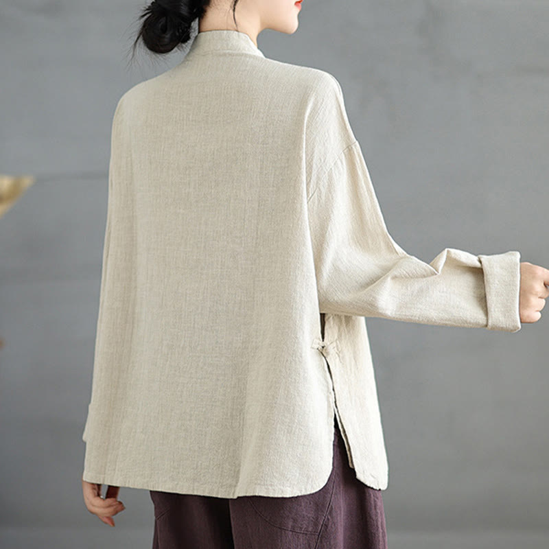 Buddha Stones Einfarbiges Langarm-Damenhemd mit Froschknöpfen - image 4