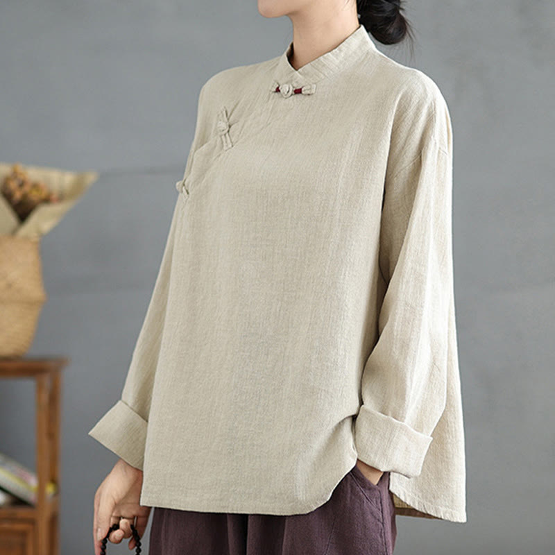 Buddha Stones Einfarbiges Langarm-Damenhemd mit Froschknöpfen - image 3