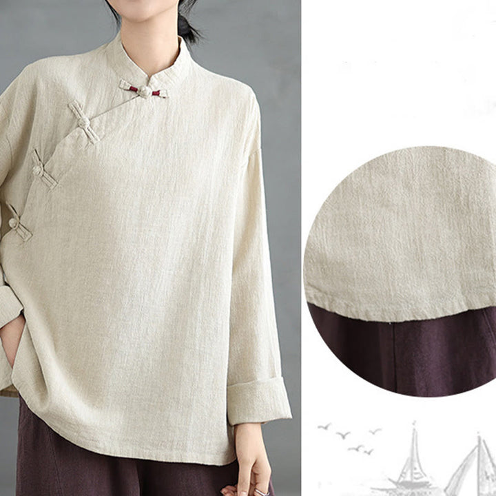 Buddha Stones Einfarbiges Langarm-Damenhemd mit Froschknöpfen - image 7