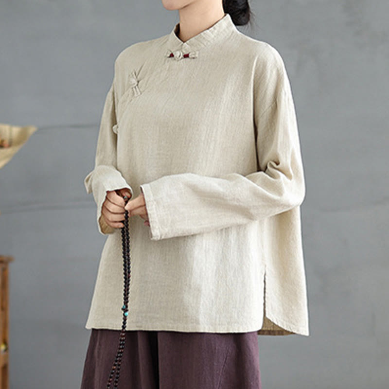 Buddha Stones Einfarbiges Langarm-Damenhemd mit Froschknöpfen - image 5