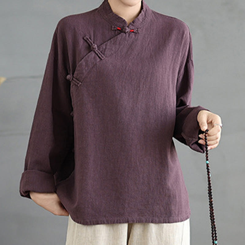 Buddha Stones Einfarbiges Langarm-Damenhemd mit Froschknöpfen - image 13