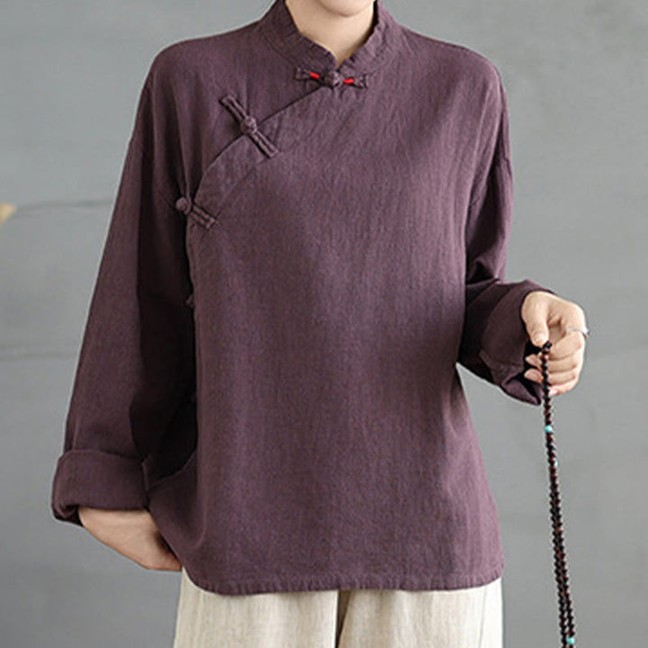 Buddha Stones Einfarbiges Langarm-Damenhemd mit Froschknöpfen - image 13