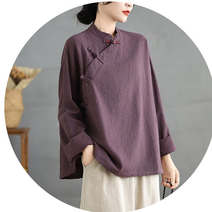 Buddha Stones Einfarbiges Langarm-Damenhemd mit Froschknöpfen - image 17