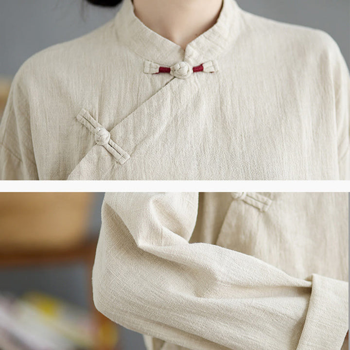 Buddha Stones Einfarbiges Langarm-Damenhemd mit Froschknöpfen - image 9