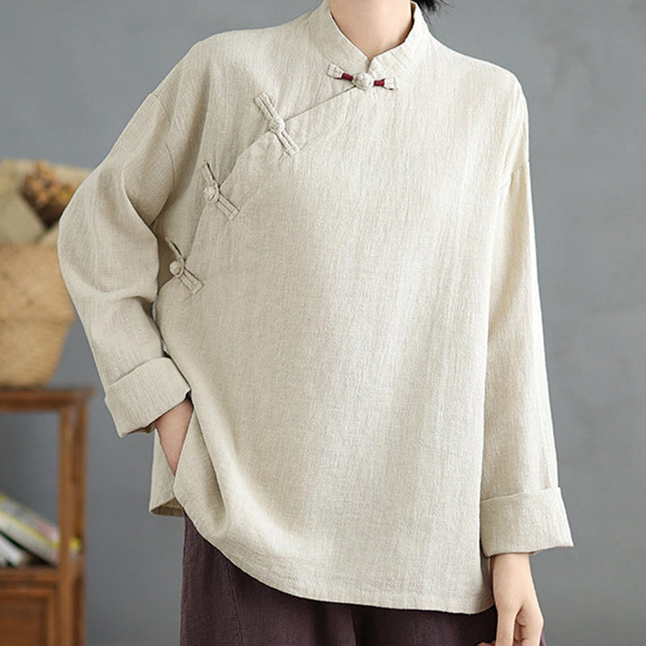 Buddha Stones Einfarbiges Langarm-Damenhemd mit Froschknöpfen - image 2