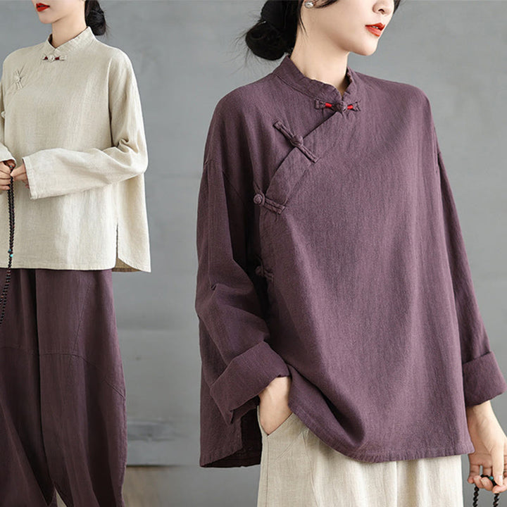 Buddha Stones Einfarbiges Langarm-Damenhemd mit Froschknöpfen - image 19