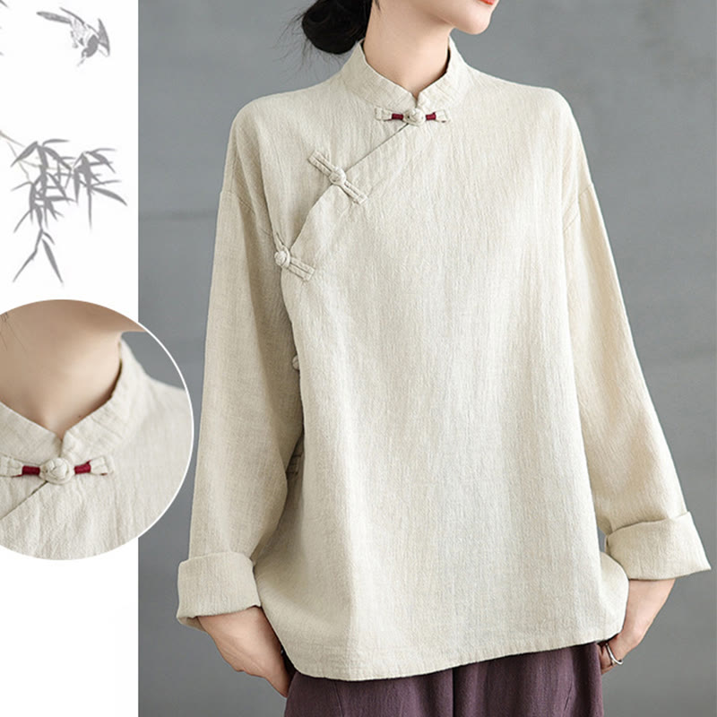 Buddha Stones Einfarbiges Langarm-Damenhemd mit Froschknöpfen - image 18