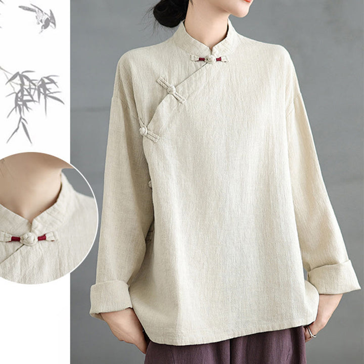 Buddha Stones Einfarbiges Langarm-Damenhemd mit Froschknöpfen - image 18