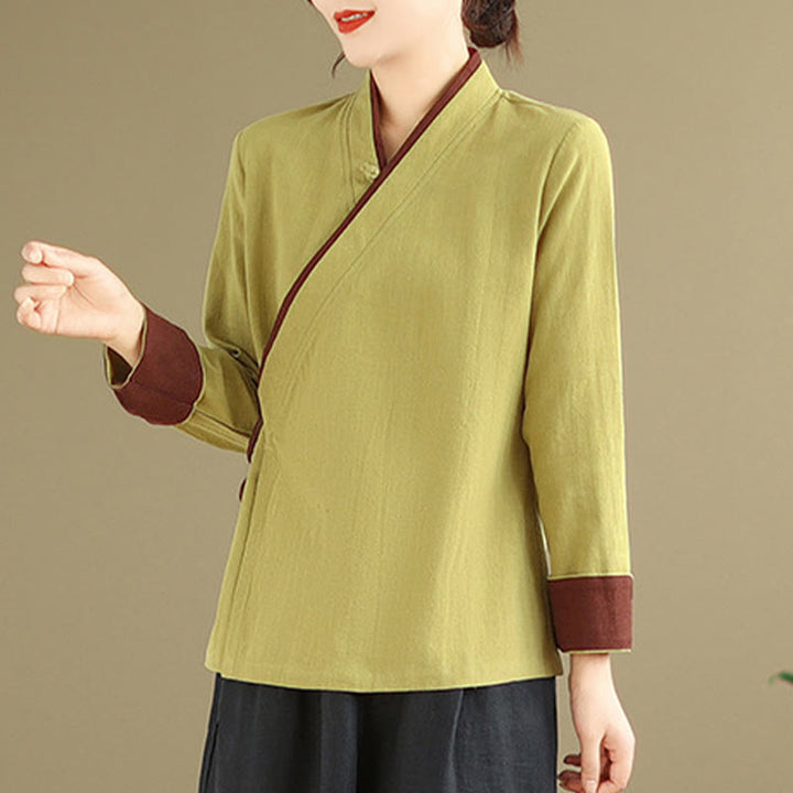 Buddha Stones Herbst Einfarbig Hanfu Langarm Schnürung Damenhemd - Dunkelkhaki - US 8-10, UK/AU 12-14, EU 40-42 (2XL) - image 8