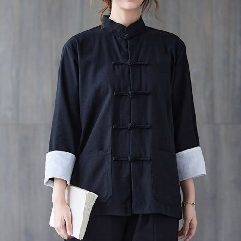 Buddha Stones Damen-Langarmshirt mit Froschknopfleiste und Hose – Meditationskleidung - Schwarzes Hemd - US8-10, UK/AU12-14, EU40-42 (2XL) - image 4