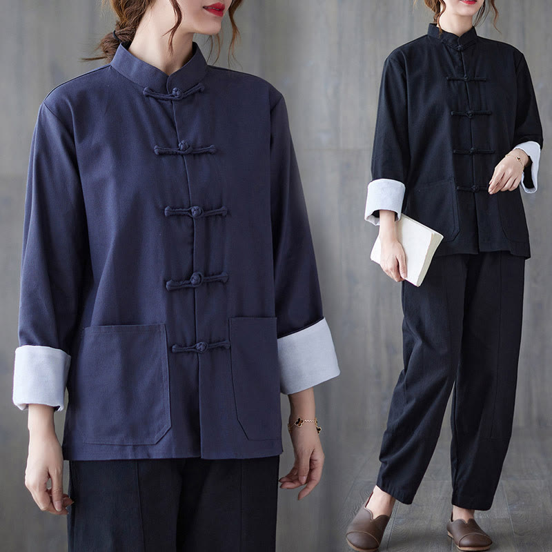 Buddha Stones Damen Frosch-Knopf Langarmshirt Hose Meditation Baumwolle Leinen Kleidung - image 20