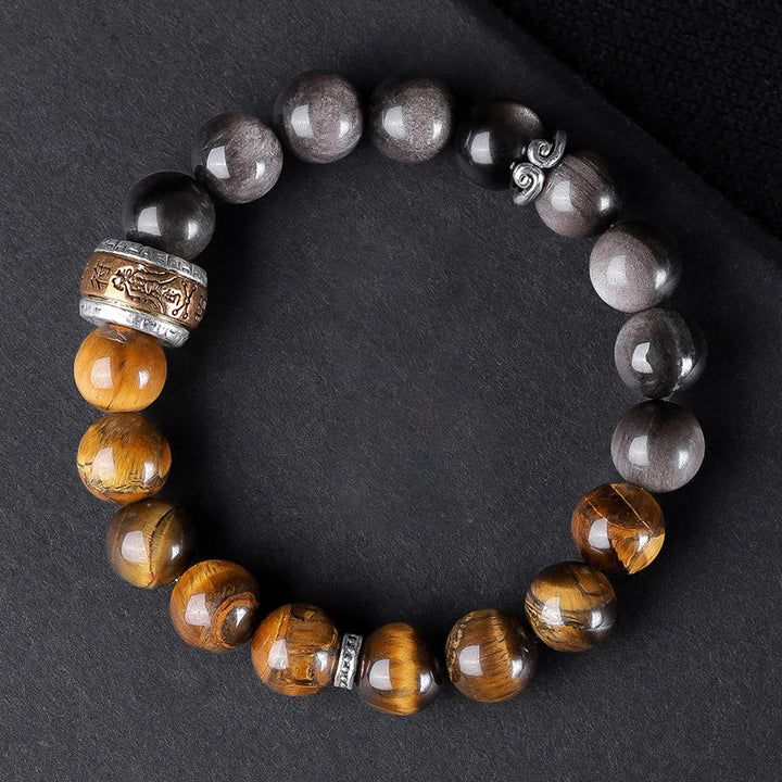 Buddha Stones , natürlicher Silberglanz, Obsidian, Tigerauge, sechs wahre Worte „Om Mani Padme Hum“, Stärke-Armband