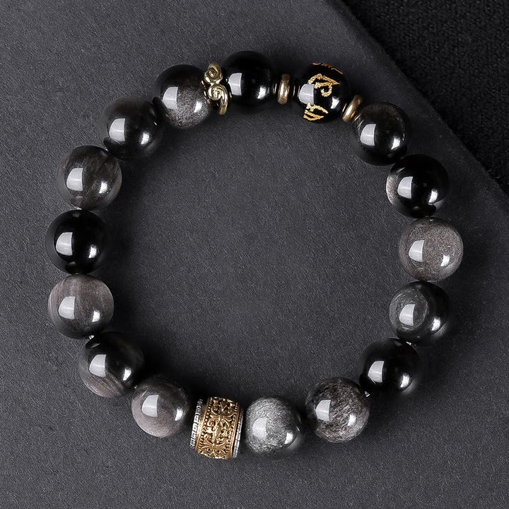 Buddha Stones , natürlicher Silberglanz, Obsidian, Tigerauge, sechs wahre Worte „Om Mani Padme Hum“, Stärke-Armband