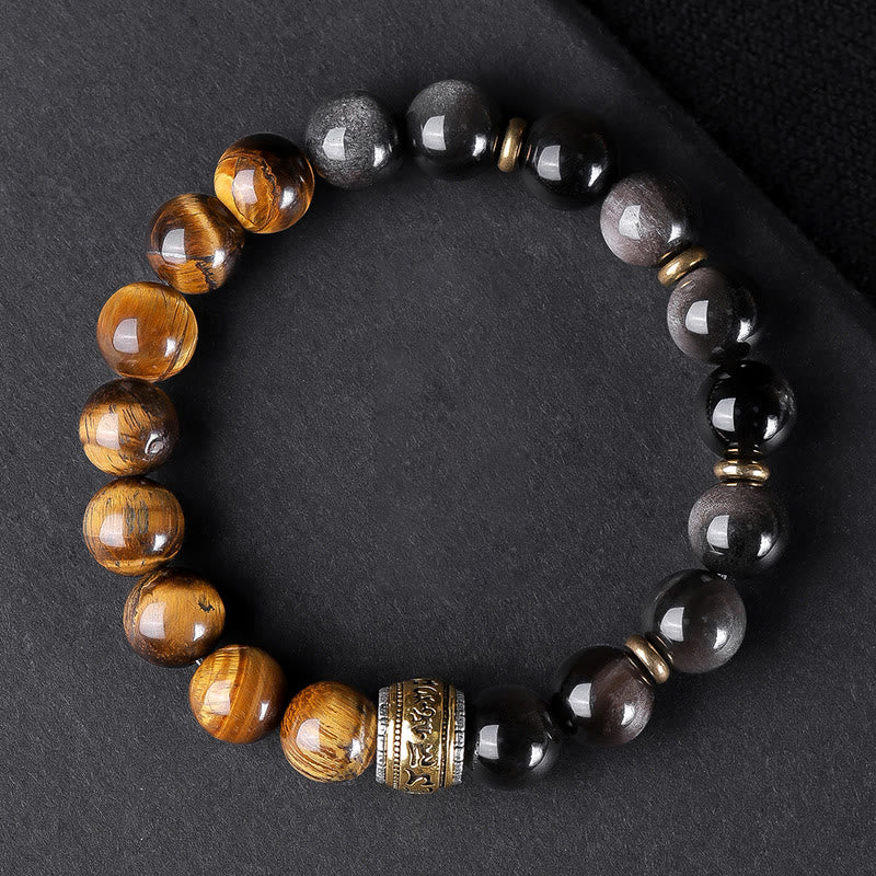 Buddha Stones , natürlicher Silberglanz, Obsidian, Tigerauge, sechs wahre Worte „Om Mani Padme Hum“, Stärke-Armband