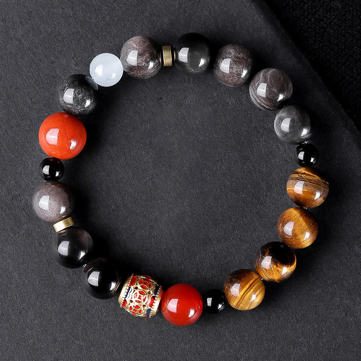 Buddha Stones , natürlicher Silberglanz, Obsidian, Tigerauge, sechs wahre Worte „Om Mani Padme Hum“, Stärke-Armband