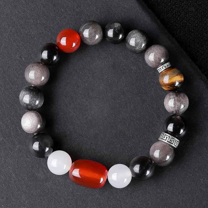 Buddha Stones , natürlicher Silberglanz, Obsidian, Tigerauge, sechs wahre Worte „Om Mani Padme Hum“, Stärke-Armband