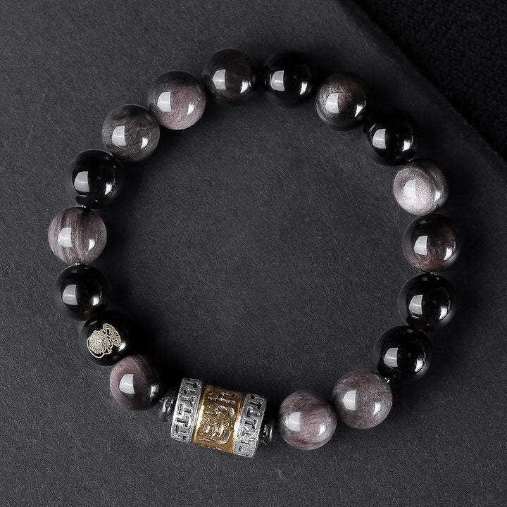 Buddha Stones , natürlicher Silberglanz, Obsidian, Tigerauge, sechs wahre Worte „Om Mani Padme Hum“, Stärke-Armband