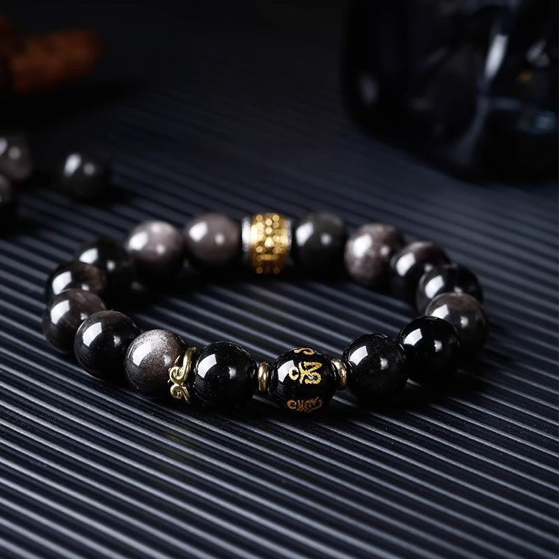 Buddha Stones , natürlicher Silberglanz, Obsidian, Tigerauge, sechs wahre Worte „Om Mani Padme Hum“, Stärke-Armband