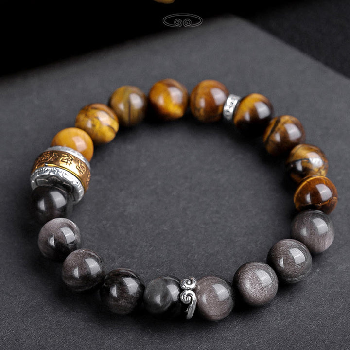 Buddha Stones , natürlicher Silberglanz, Obsidian, Tigerauge, sechs wahre Worte „Om Mani Padme Hum“, Stärke-Armband