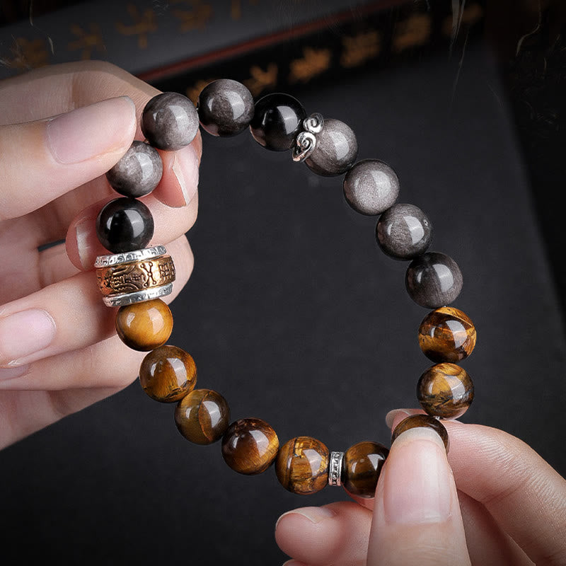 Buddha Stones , natürlicher Silberglanz, Obsidian, Tigerauge, sechs wahre Worte „Om Mani Padme Hum“, Stärke-Armband