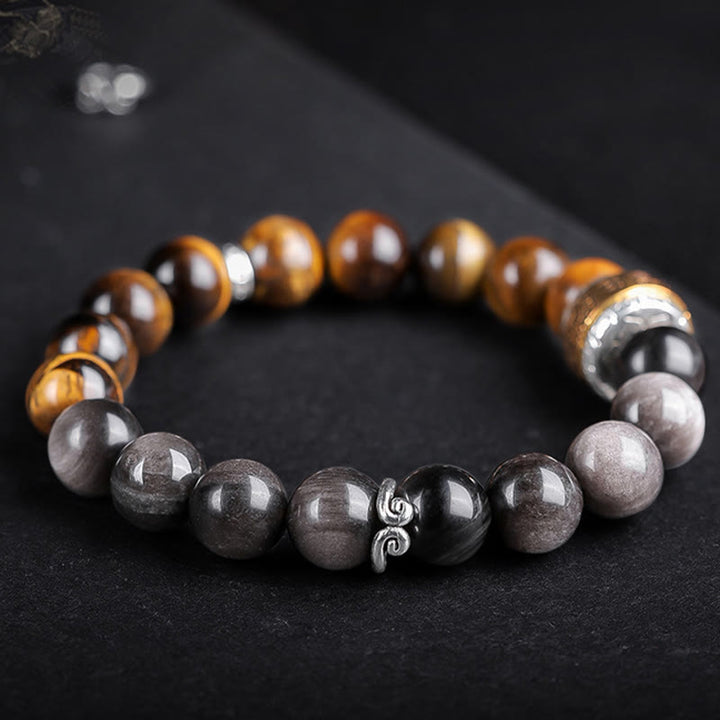 Buddha Stones , natürlicher Silberglanz, Obsidian, Tigerauge, sechs wahre Worte „Om Mani Padme Hum“, Stärke-Armband