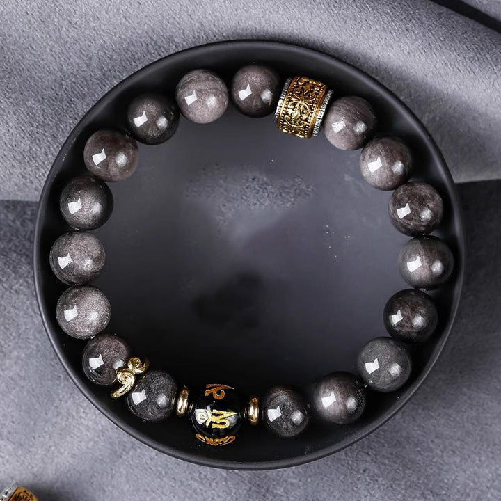 Buddha Stones , natürlicher Silberglanz, Obsidian, Tigerauge, sechs wahre Worte „Om Mani Padme Hum“, Stärke-Armband