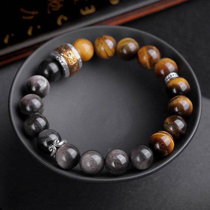 Buddha Stones , natürlicher Silberglanz, Obsidian, Tigerauge, sechs wahre Worte „Om Mani Padme Hum“, Stärke-Armband