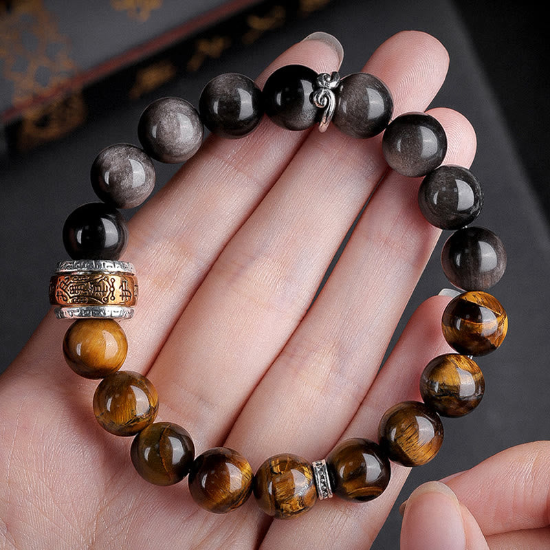 Buddha Stones , natürlicher Silberglanz, Obsidian, Tigerauge, sechs wahre Worte „Om Mani Padme Hum“, Stärke-Armband