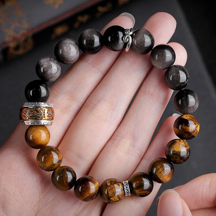 Buddha Stones , natürlicher Silberglanz, Obsidian, Tigerauge, sechs wahre Worte „Om Mani Padme Hum“, Stärke-Armband