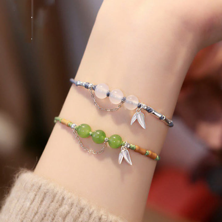 Buddha Stones 925 Sterling Silber Bambusblätter Hetian Jade Chalcedon Perlen Segen Geflochtenes Armband - image 2