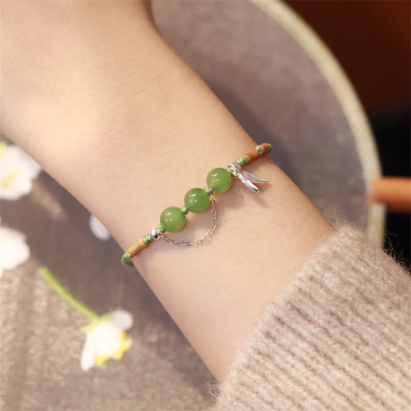 Buddha Stones 925 Sterling Silber Bambusblätter Hetian Jade Chalcedon Perlen Segen Geflochtenes Armband - Hetian-Jade (Handgelenkumfang: 16-17 cm) - image 1