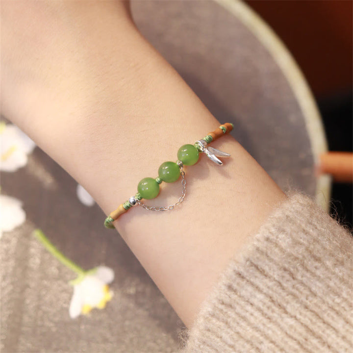Buddha Stones 925 Sterling Silber Bambusblätter Hetian Jade Chalcedon Perlen Segen Geflochtenes Armband - Hetian-Jade (Handgelenkumfang: 16-17 cm) - image 1