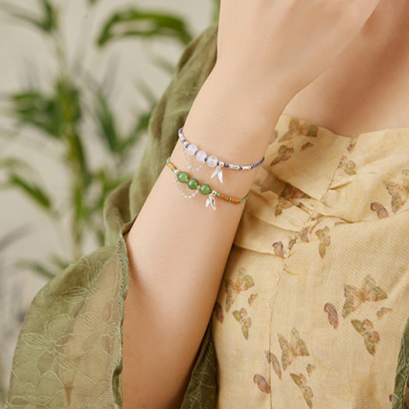 Buddha Stones 925 Sterling Silber Bambusblätter Hetian Jade Chalcedon Perlen Segen Geflochtenes Armband - image 9