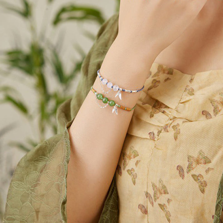 Buddha Stones 925 Sterling Silber Bambusblätter Hetian Jade Chalcedon Perlen Segen Geflochtenes Armband - image 9