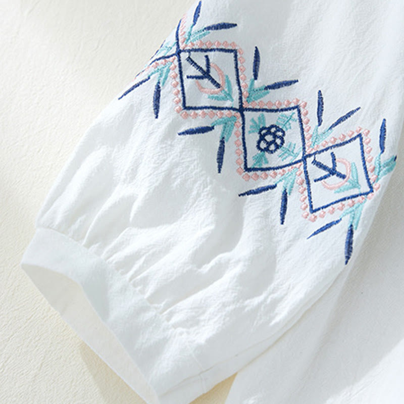 Buddha Stones, Geometrie-Stickerei, langärmelige Knopfleiste, Baumwollleinen, Damenhemden - image 13