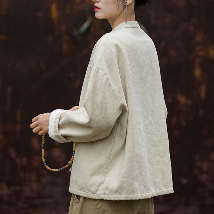 Buddha Stones Retro Einfarbig Thermo Langarm Ramie Leinen Damen Hemd - image 4