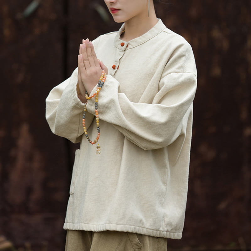 Buddha Stones Retro Einfarbig Thermo Langarm Ramie Leinen Damen Hemd - image 3