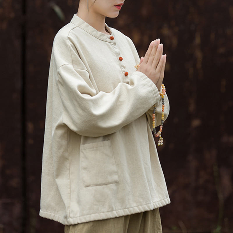 Buddha Stones Retro Einfarbig Thermo Langarm Ramie Leinen Damen Hemd - image 6