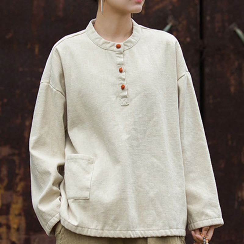 Buddha Stones Retro Einfarbig Thermo Langarm Ramie Leinen Damen Hemd - image 2