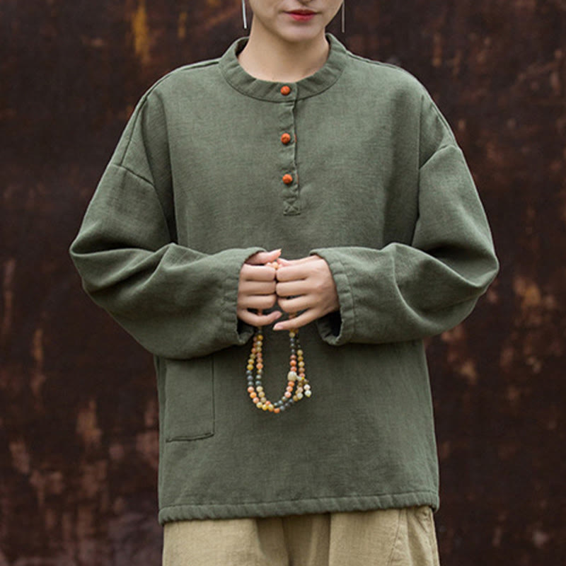 Buddha Stones Retro Einfarbig Thermo Langarm Ramie Leinen Damen Hemd - image 10