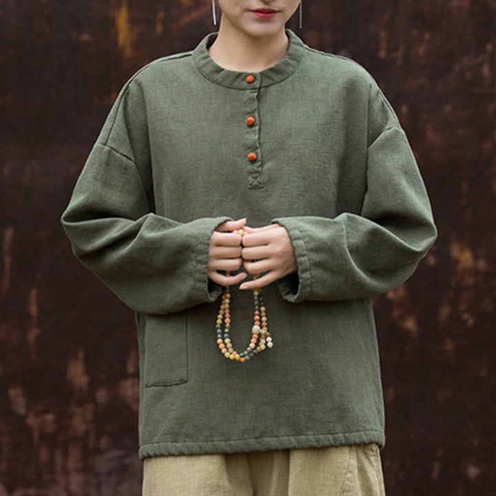 Buddha Stones Retro Einfarbig Thermo Langarm Ramie Leinen Damen Hemd - image 10
